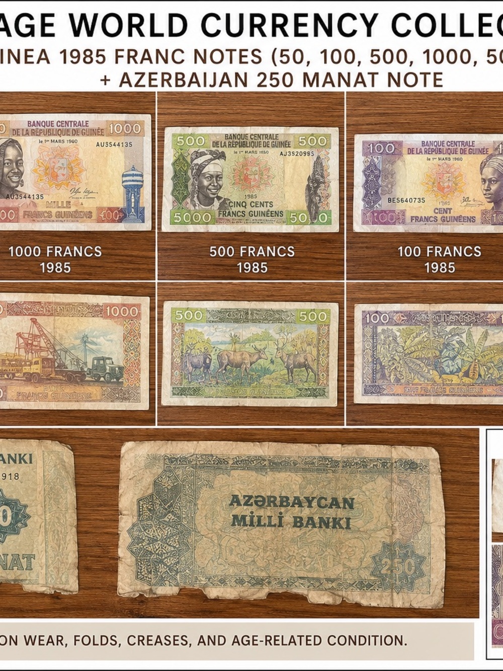 Vintage Guinea & Azerbaijan World Currency Lot — Multicolor Banknotes